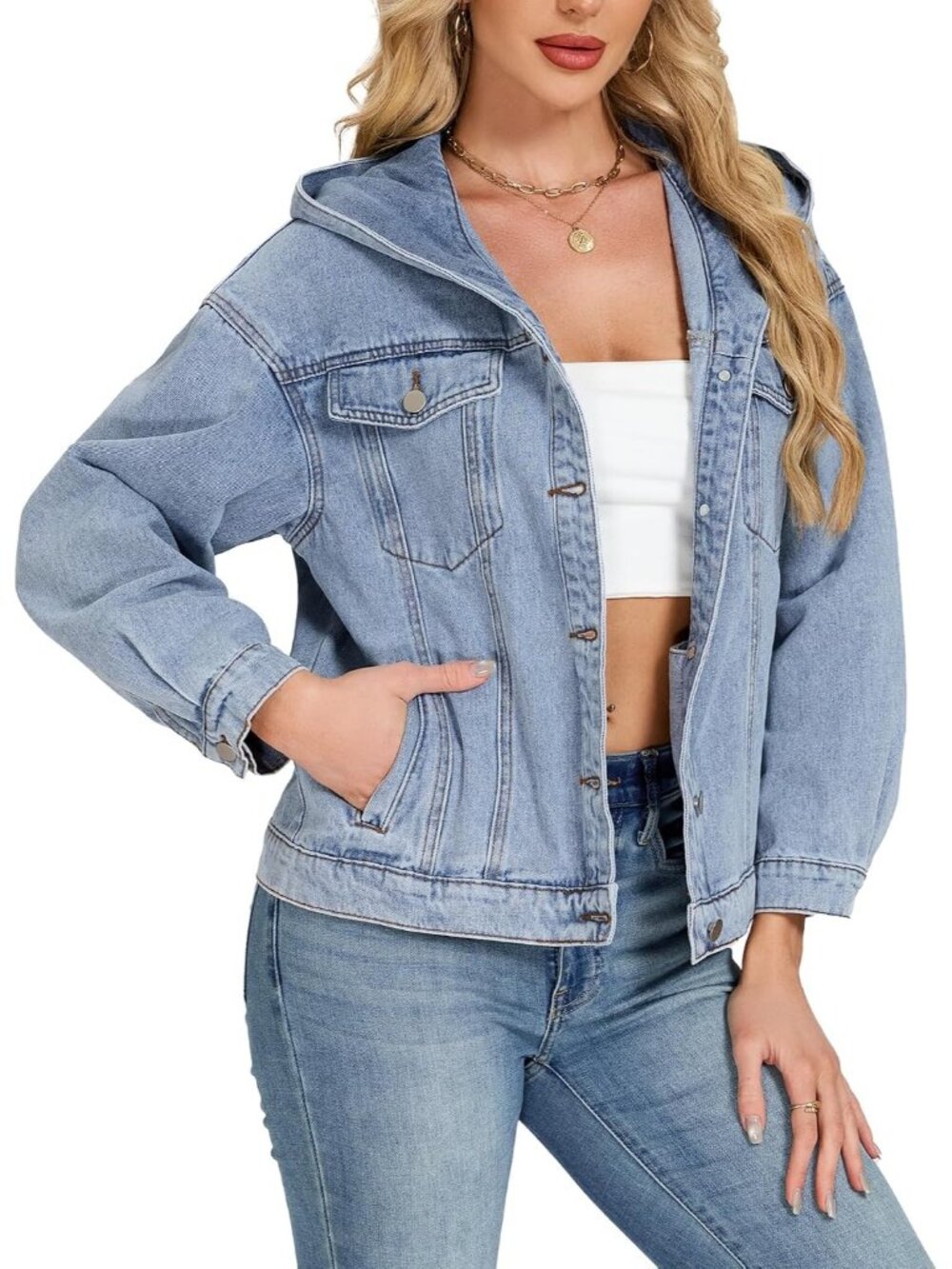 〽️Women's Blue Oversized Hooded Long Sleeve Fall Outfit Button Down Shirt Coat